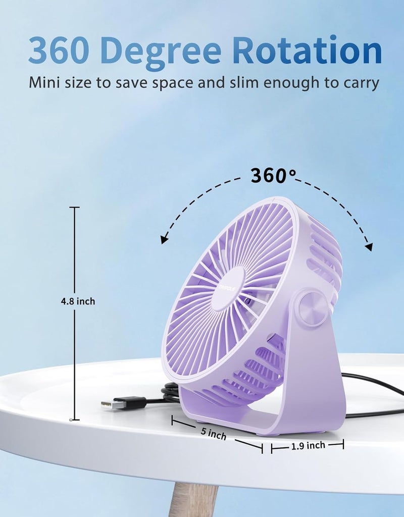 TriPole USB Desk Fan Portable Mini Fan Powerful 3 Speeds Wind Personal Desktop Fan with 360° Head Rotation for Home Office Car Indoor Outdoor Purple, No Battery, 4.5 Inches - Image 5